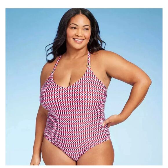 Kona Sol Red & Blue Geo Print Ring Strap Detail One Piece Swimsuit Women’s 20 - Picture 1 of 3